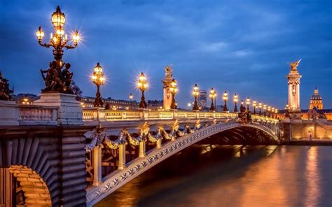 Paris, France, city, evening, lights, Pont Alexandre III, bridge ...