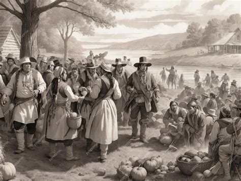 Premium AI Image | a scene from the past showcasing the Pilgrims and Native Americans coming ...