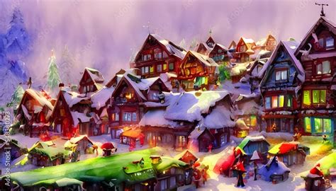 In the photo, there is a snow-covered village with brightly lit houses ...