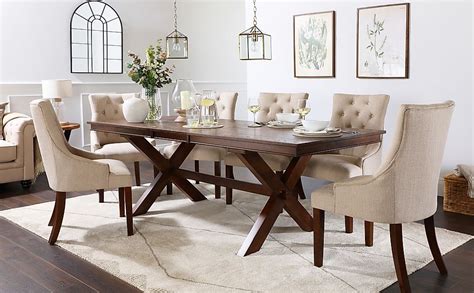 Grange Extending Dining Table & 8 Duke Chairs, Dark Oak Veneer & Solid Hardwood, Oatmeal Classic ...