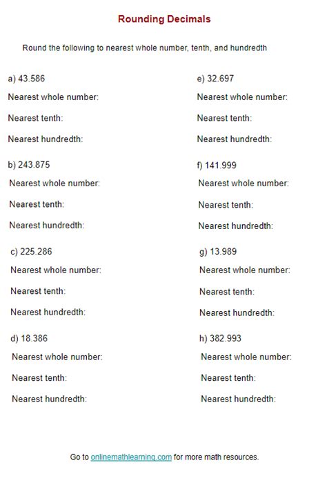 Rounding Decimals Worksheet (printable, online, answers)