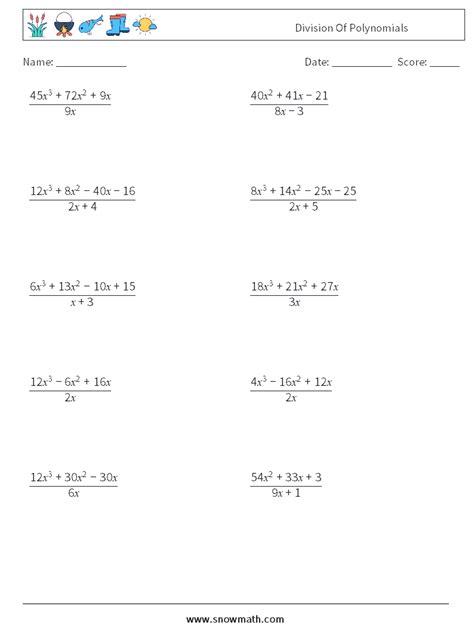 division of polynomials Math Worksheets, Math Practice for Kids.