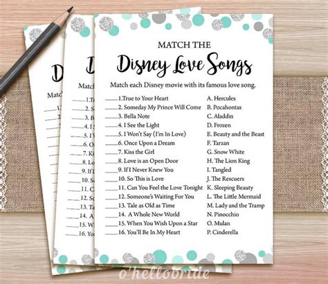 Disney Love Songs Bridal Shower Game - Printable Mint Turquoise Bridal Shower Love Song Game ...