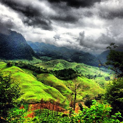 green hills with trees and clouds in the background