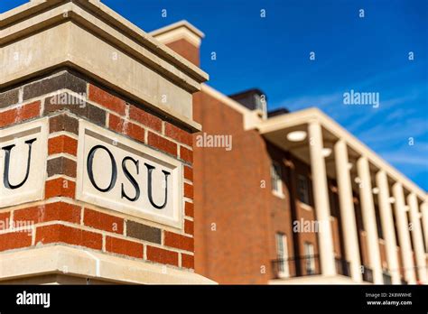 Stillwater, OK - October 21, 2022: OSU Lettering on brick column on the Oklahoma State ...