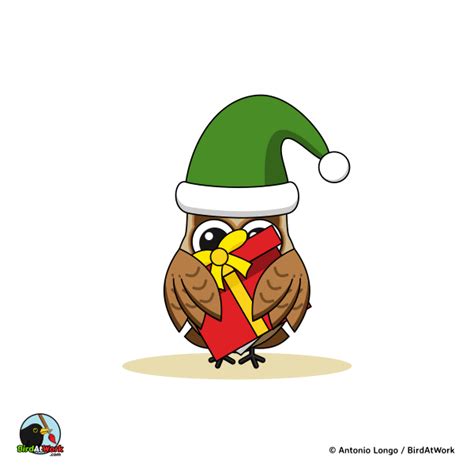 Christmas Elf Owl with Present - BirdAtWork