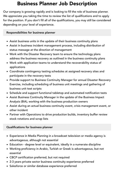 Business Planner Job Description | Velvet Jobs