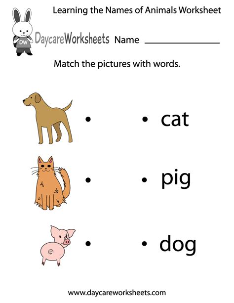 Free Printable Learning the Names of Animals Worksheet for Preschool