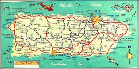 PUERTO RICO map art print 10" x 20" map Puerto Rico art teal red map of ...