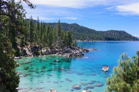 Aerial View of Lake Tahoe from the Nevada Side with Rocks and Boat in ...