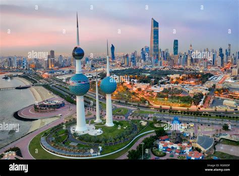 Kuwait Tower City Skyline glowing at night, taken in Kuwait in December ...