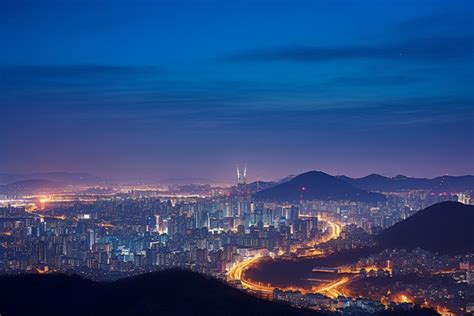 Seoul Skyline At Night With Lights And Blue Sky Background, High ...