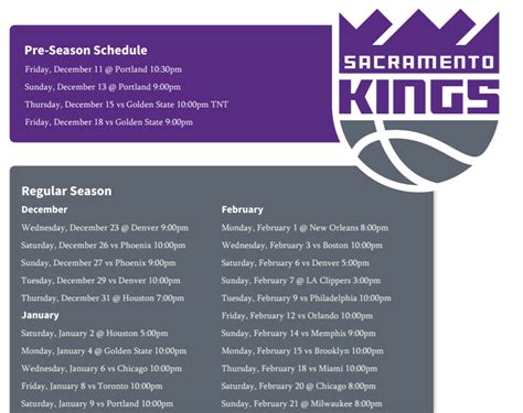 Printable Sacramento Kings 2020-21 schedule (and TV schedule) - Printerfriend.ly