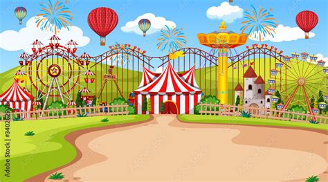 Themepark scene with many rides at day time Stock Vector | Adobe Stock