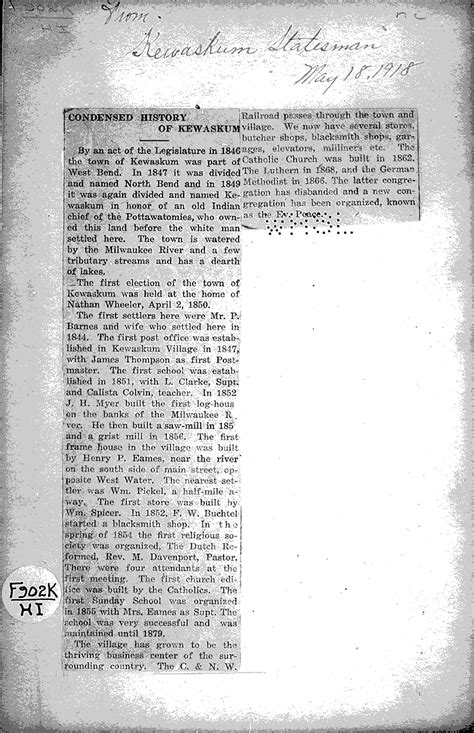 Condensed history of kewaskum | Newspaper Article/Clipping | Wisconsin ...