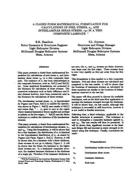 A Closed Form Mathematical Formulation For Calculations Of Peel Stress, And Interlaminar Shear ...