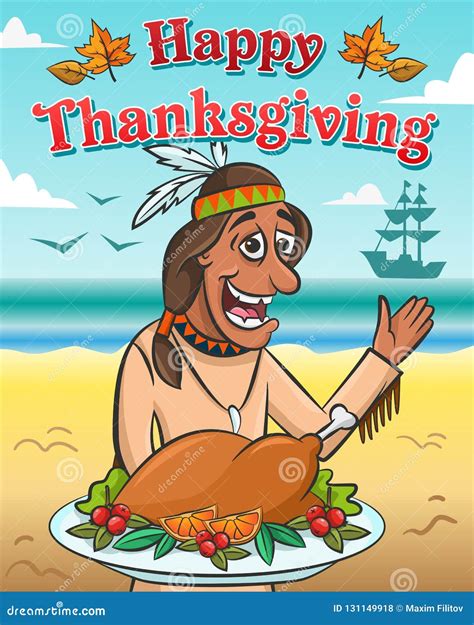 Vector Illustration for Thanksgiving Day. Happy Native American with Baked Turkey Against the ...