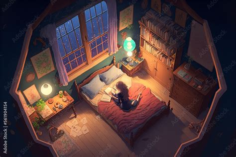 Anime cute girl studying in her room, chill, cozy vibes Stock Illustration | Adobe Stock