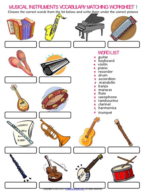 Musical Instruments Vocabulary Esl Matching Exercise Worksheet For Kids ...