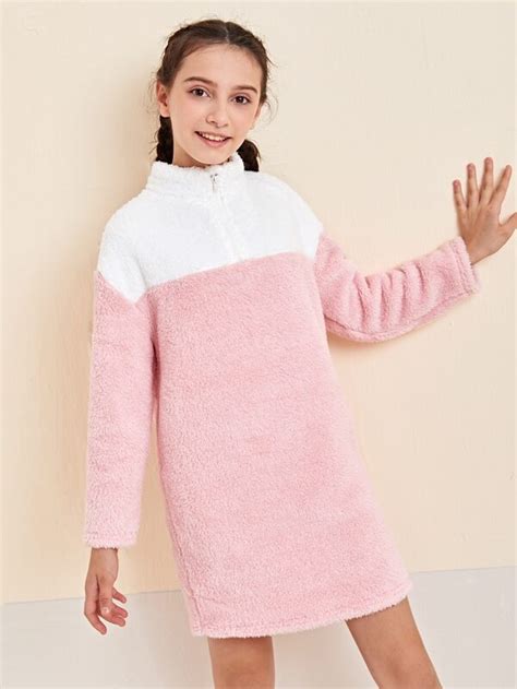 SHEIN Girls Colorblock Half Zipper Placket Teddy Sweatshirt Dress ...