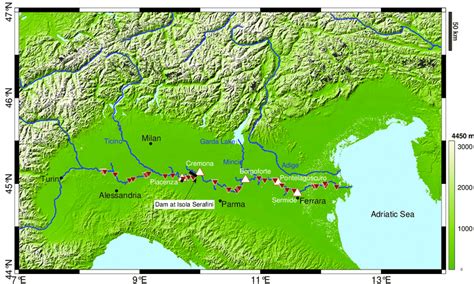 The Po River flowing eastward in Italy. The red triangles indicate the... | Download Scientific ...