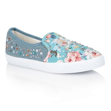 LADIES GIRLS SLIP ON FLAT PLIMSOLLS SNEAKERS CANVAS CASUAL PUMPS FLORAL SLIP ON | eBay