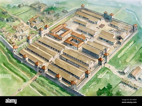 HADRIAN'S WALL: BIRDOSWALD ROMAN FORT, Cumbria. Aerial view reconstruction drawing by Philip ...