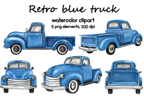 Watercolor Retro Blue Truck Clipart Graphic by sashanikart · Creative ...