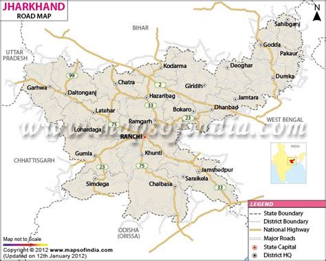 Jharkhand road map showing road network of all the districts of Jharkhand with district and ...