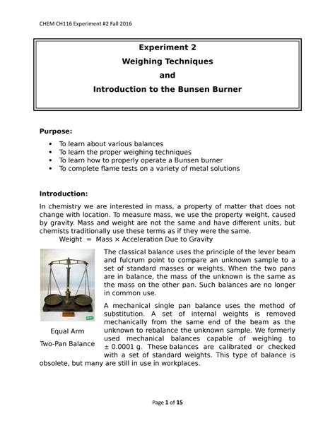 CHEM CH116 Experiment #2 Fall - CHEM CH116 Experiment #2 Fall 2016 Experiment 2 Weighing ...