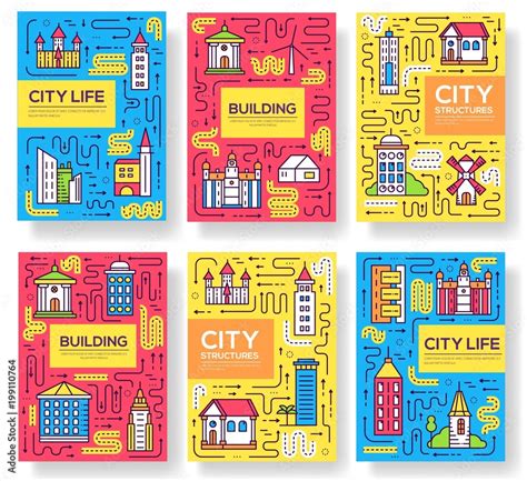 Thin line city skylines brochure cards set. Uburban different buildings ...