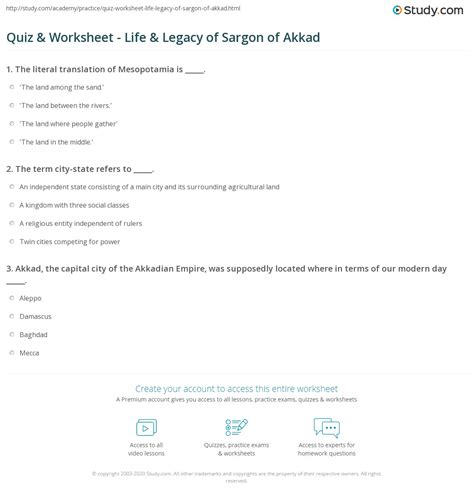 Quiz & Worksheet - Life & Legacy of Sargon of Akkad | Study.com