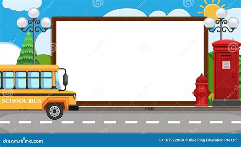 Border Template with School Bus on the Street Background Stock Vector ...