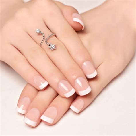 24 Pcs/1Set Natural French Beauty Round Short False Nails Acrylic Full Artificial Nails Tips for ...