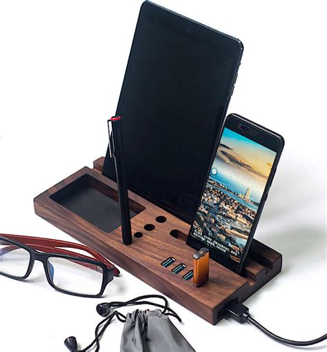 Wooden Desktop Organizer Computer Desk Accessories With 4 Port USB 3.0 ...