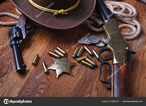 Wild West Rifle Ammunition Sheriff Badge Wooden Table — Stock Photo ...