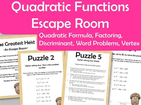 Quadratic Function Escape Room - Vertex, Factoring, Quad Formula, Discriminant, Word Problems ...