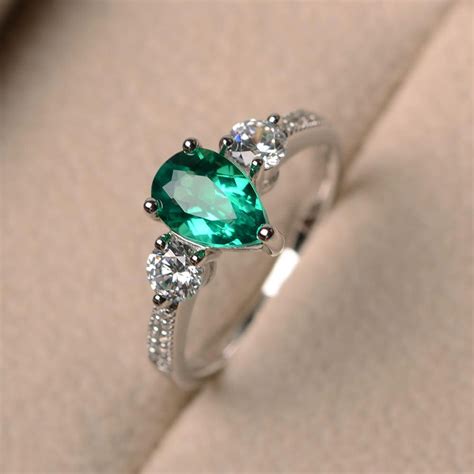 Pear cut gemstone lab emerald ring engagement ring green