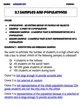 BIG IDEAS Math 7th Grade Chapter 8 Lesson 1 Guided Notes - Samples & Populations