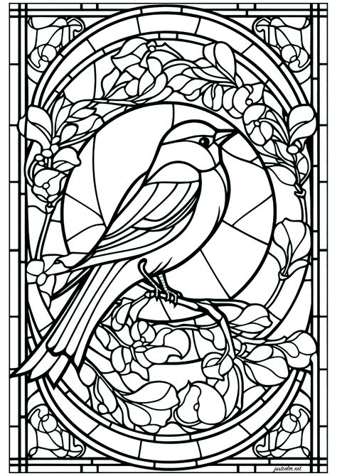 A little bird in a window - Stained Glass Adult Coloring Pages
