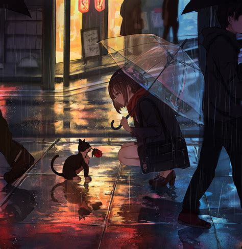 HD wallpaper: anime girls, cats, umbrella, urban, city, rain | Wallpaper Flare