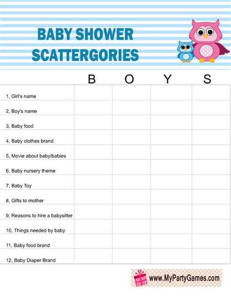 Free Printable Baby Shower Scattergories Game for Boy and Girl Baby Showers