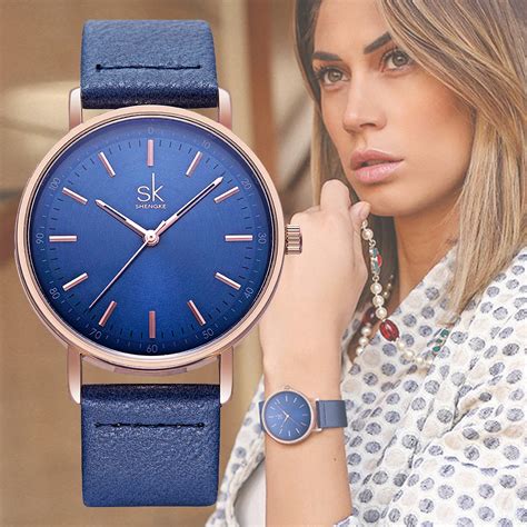 SHENGKE Women's Blue Leather Wristwatches 4 Colors Round Dial Quartz Watches Women Fashion Dress ...