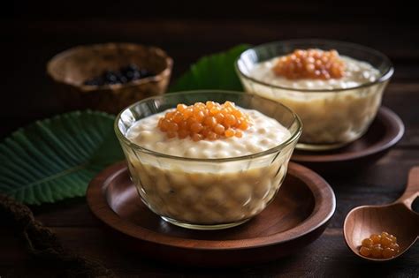 Premium Photo | Two bowls of japanese rice pudding with red caviar on a wooden table.