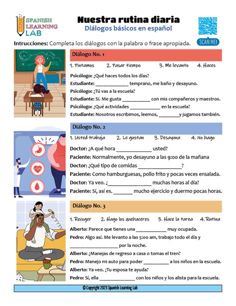 Dialogues about daily routines in Spanish - PDF Worksheet - Spanish Learning Lab