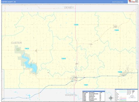 Custer County, OK Zip Code Wall Map Basic Style by MarketMAPS - MapSales