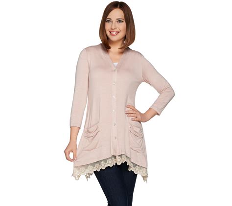 LOGO by Lori Goldstein Petite Button Front Cardigan with Lace Trim - Page 1 — QVC.com