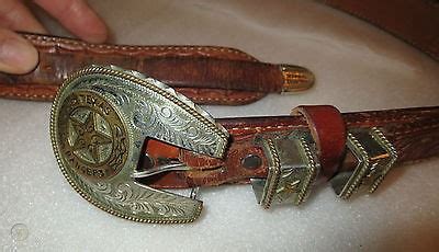 Texas Ranger Prison Made Belt Buckle 4 pc Silver + Vintage Tooled Leather Belt | #490805350