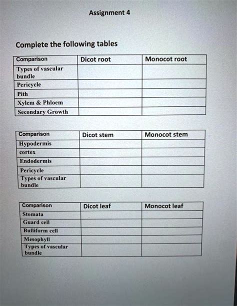 SOLVED: Assignment 4 Complete the following tables Comparison Types of vascular bundle Pericycle ...