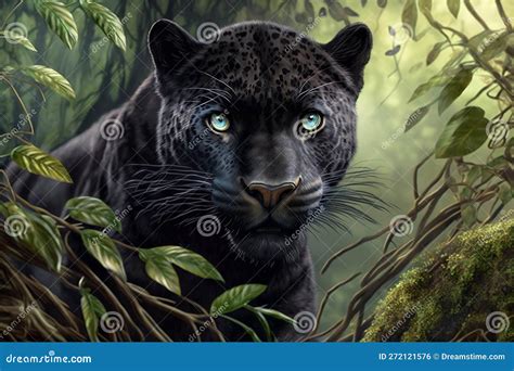 Black Panther Looks at Camera in Jungle, Wild Jaguar Look, Illustration ...